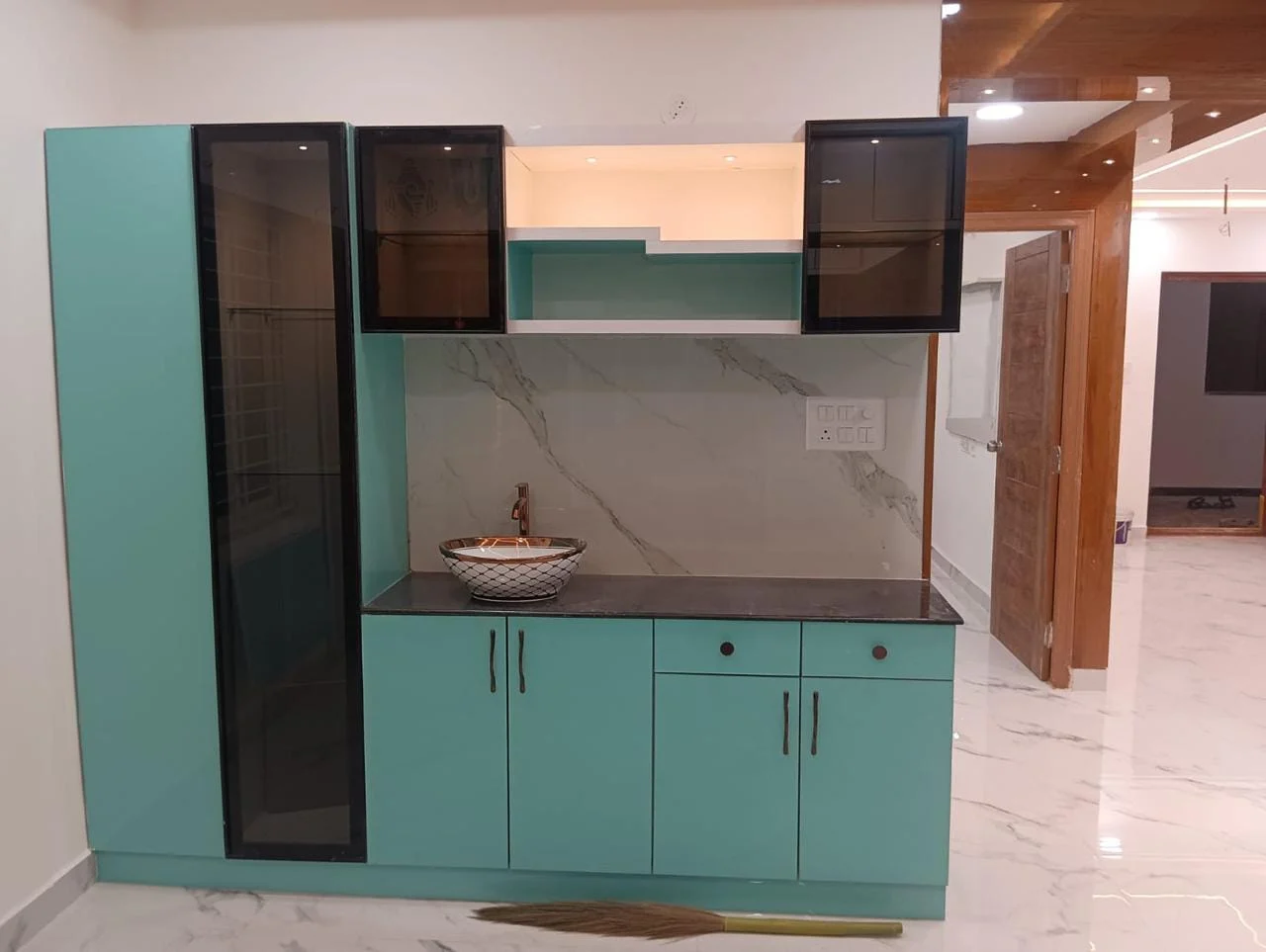 Client kitchen with custom turquoise cabinets